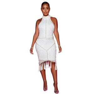 White Halter Pearls Crystals Tassels Bodycon Stretchy Hi-Low Dress Size XL